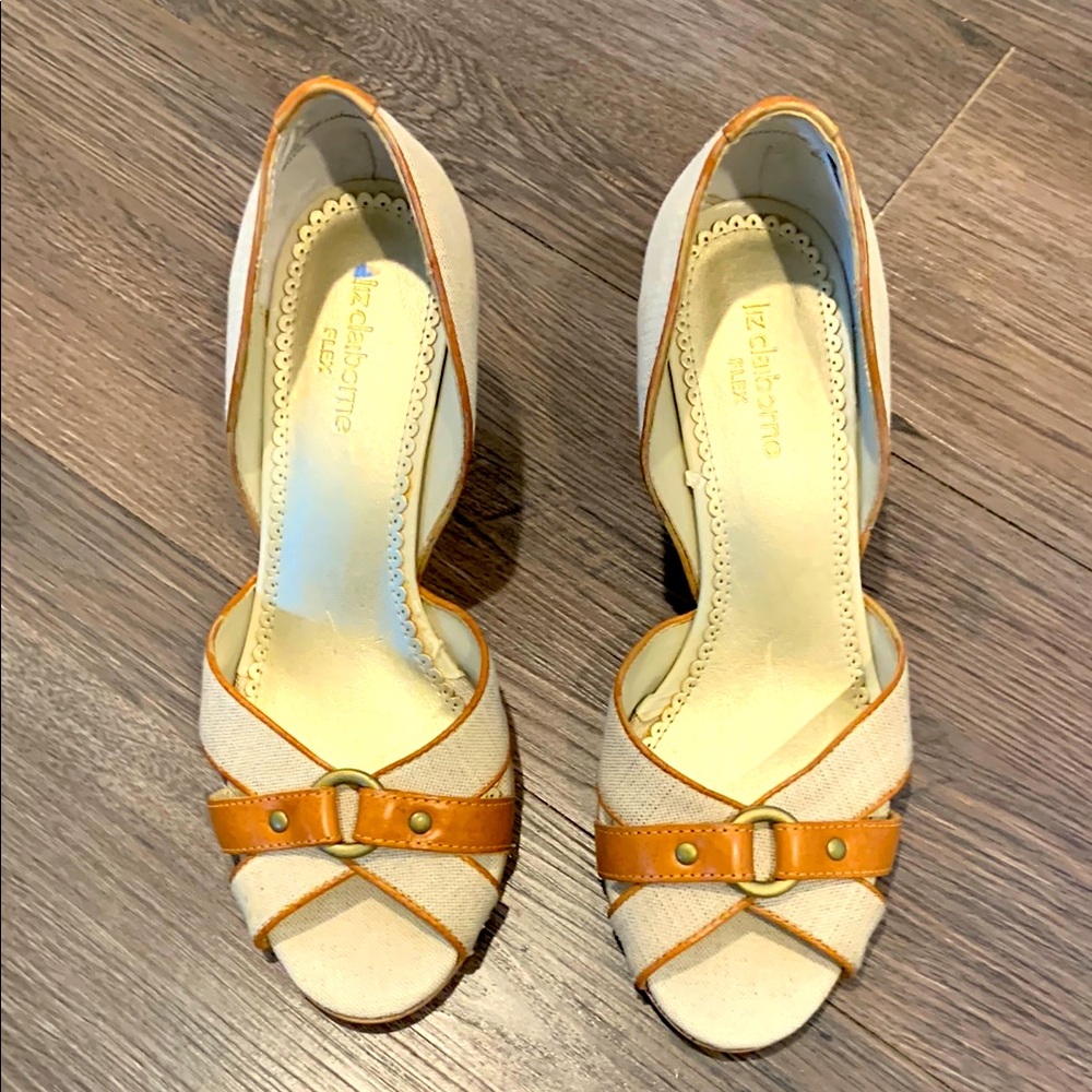 Liz Claiborne Cream and Tan Open-Toe Heels